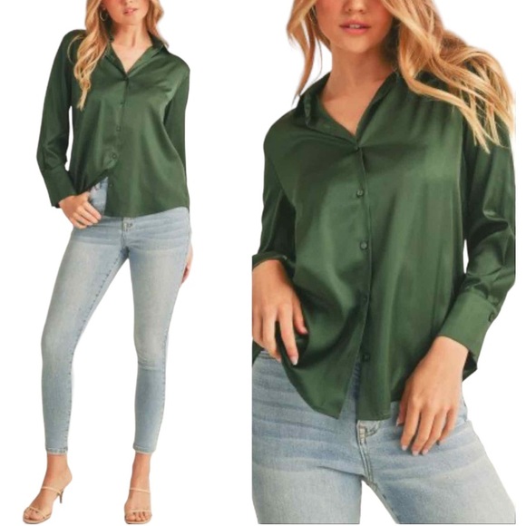 CLASSY SATIN BUTTON DOWN LONG SLEEVE SHIRT - GREEN MALACHITE - Picture 2 of 3